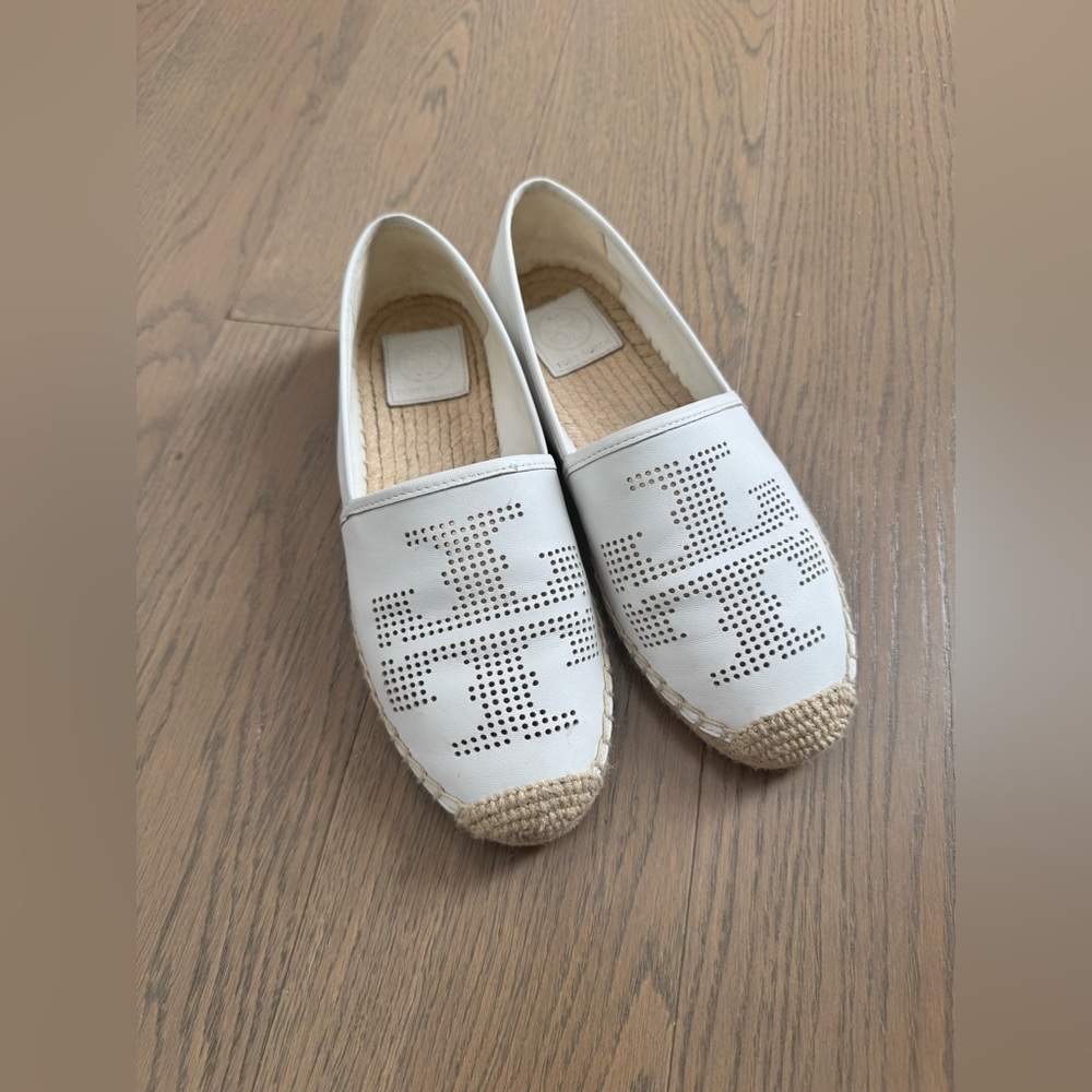 Tory Burch White and Tan Espadrilles with Perforated Design